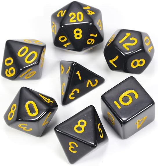 Conjunto de Dados para Rpg Preto com N° Amarelo Conjunto de Dados para Rpg Preto com N° Amarelo